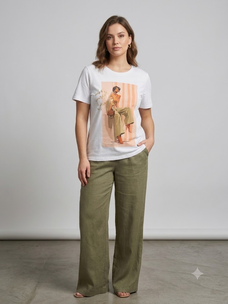 ONİX Kadın Grafik Çizim İllüstrasyon Baskılı Beyaz Pamuklu T-Shirt 2326-79 - Beyaz