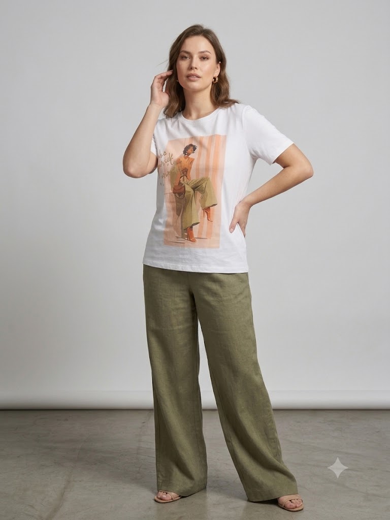 ONİX Kadın Grafik Çizim İllüstrasyon Baskılı Beyaz Pamuklu T-Shirt 2326-79 - Beyaz