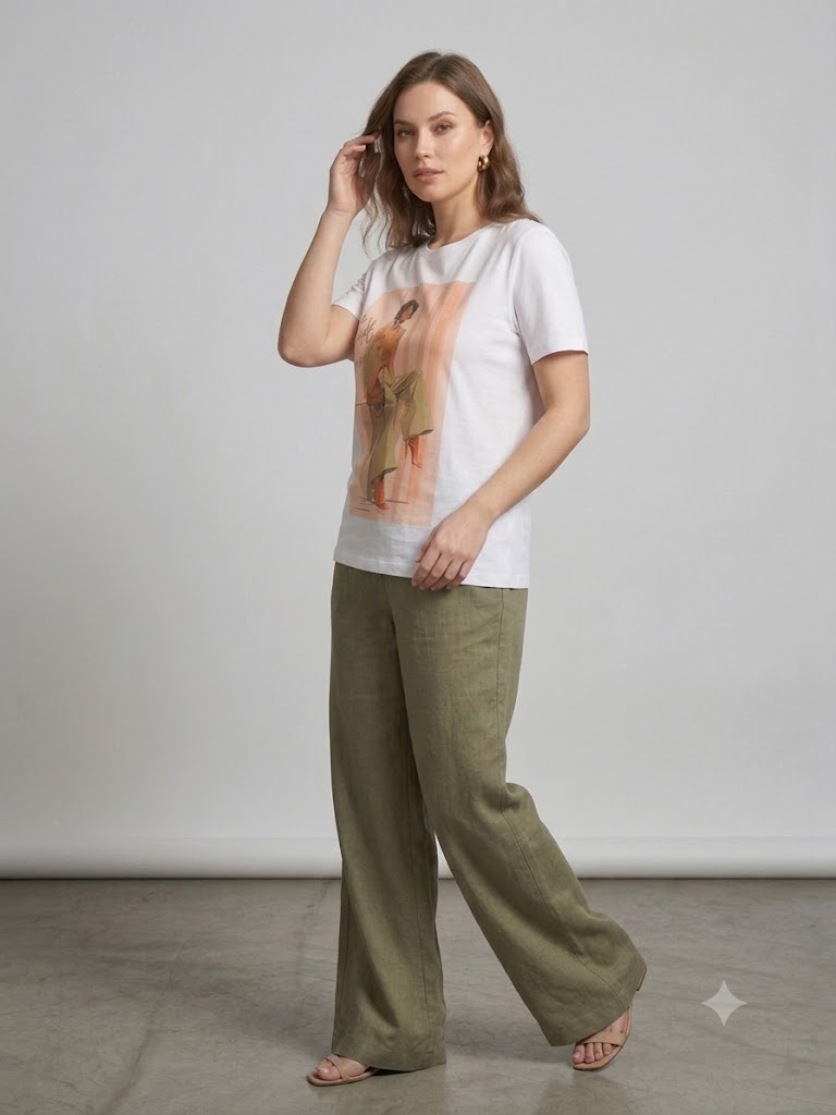 ONİX Kadın Grafik Çizim İllüstrasyon Baskılı Beyaz Pamuklu T-Shirt 2326-79 - Beyaz