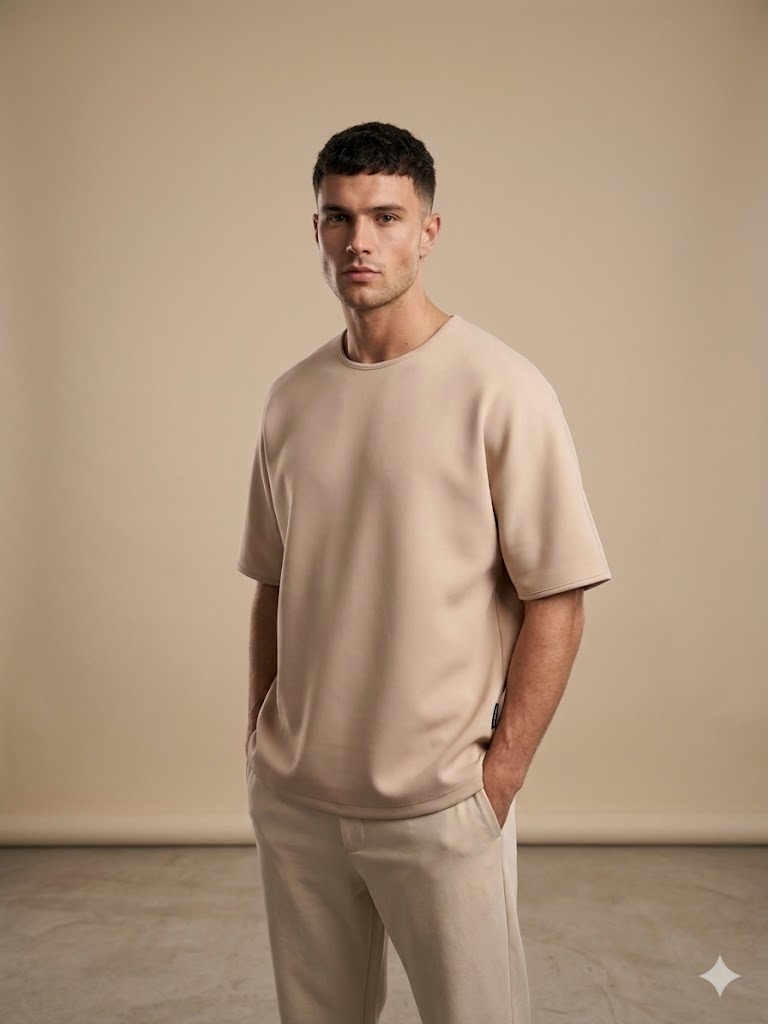 POLO GARAGE Düşük Omuz Salaş Kalıp Kısa Kollu Bisiklet Yaka T-Shirt 313012 - BEJ