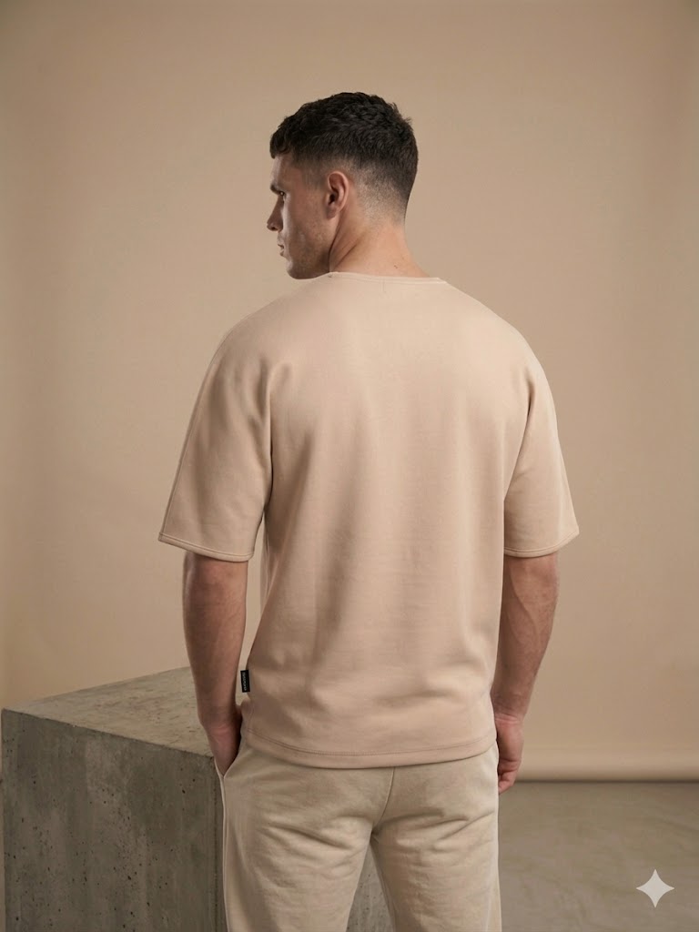 POLO GARAGE Düşük Omuz Salaş Kalıp Kısa Kollu Bisiklet Yaka T-Shirt 313012 - BEJ