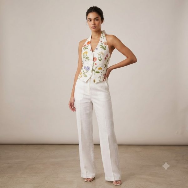SAYTEKS Çiçek Desenli Halter Yaka Ekru Crop Bluz 2314053
