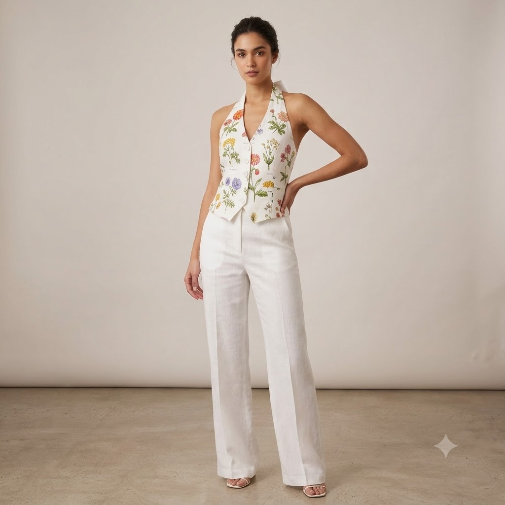 SAYTEKS Çiçek Desenli Halter Yaka Ekru Crop Bluz 2314053 - EKRU
