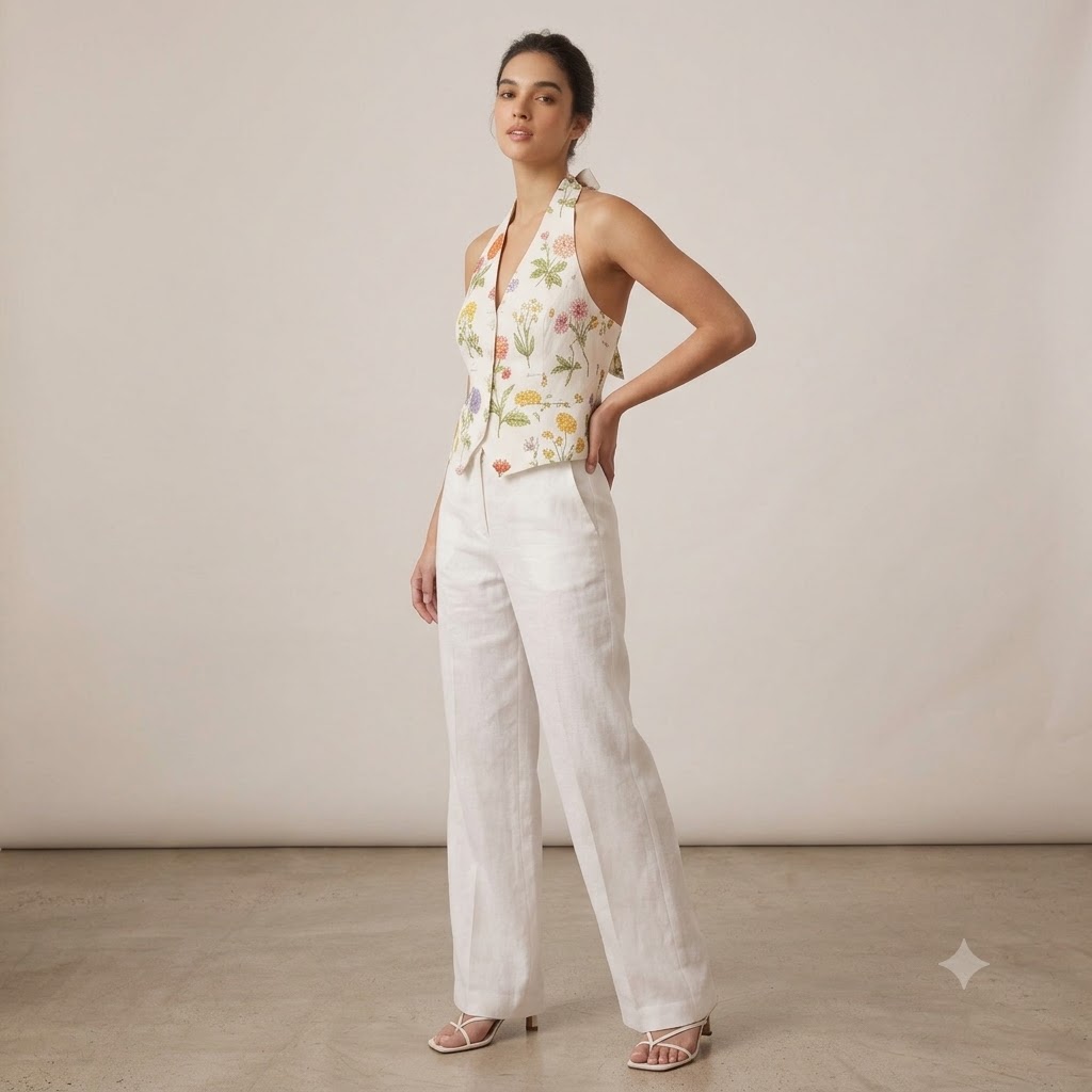 SAYTEKS Çiçek Desenli Halter Yaka Ekru Crop Bluz 2314053 - EKRU