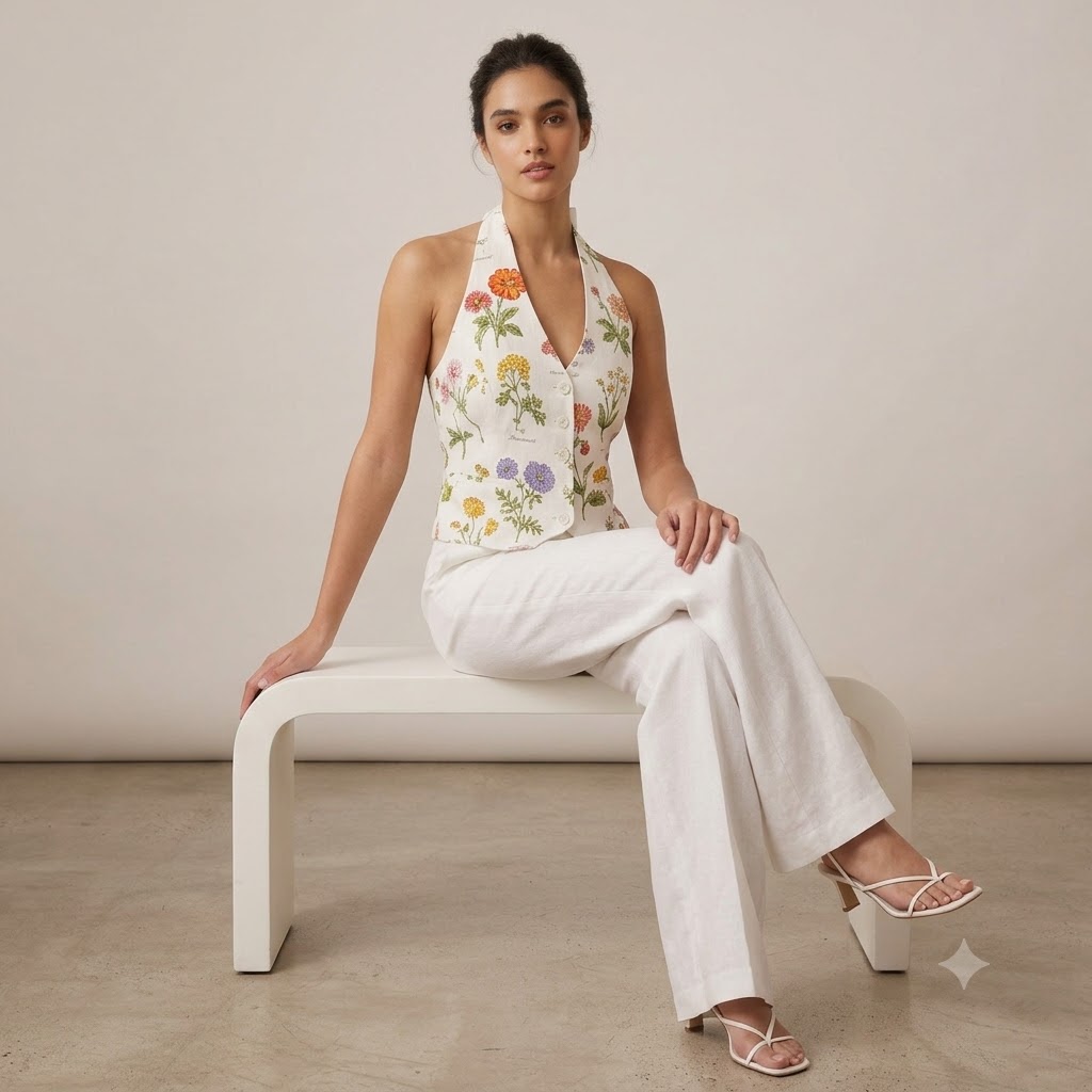 SAYTEKS Çiçek Desenli Halter Yaka Ekru Crop Bluz 2314053 - EKRU