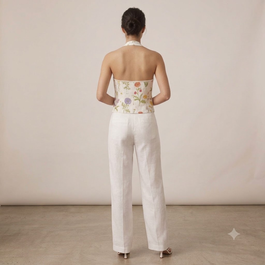 SAYTEKS Çiçek Desenli Halter Yaka Ekru Crop Bluz 2314053 - EKRU