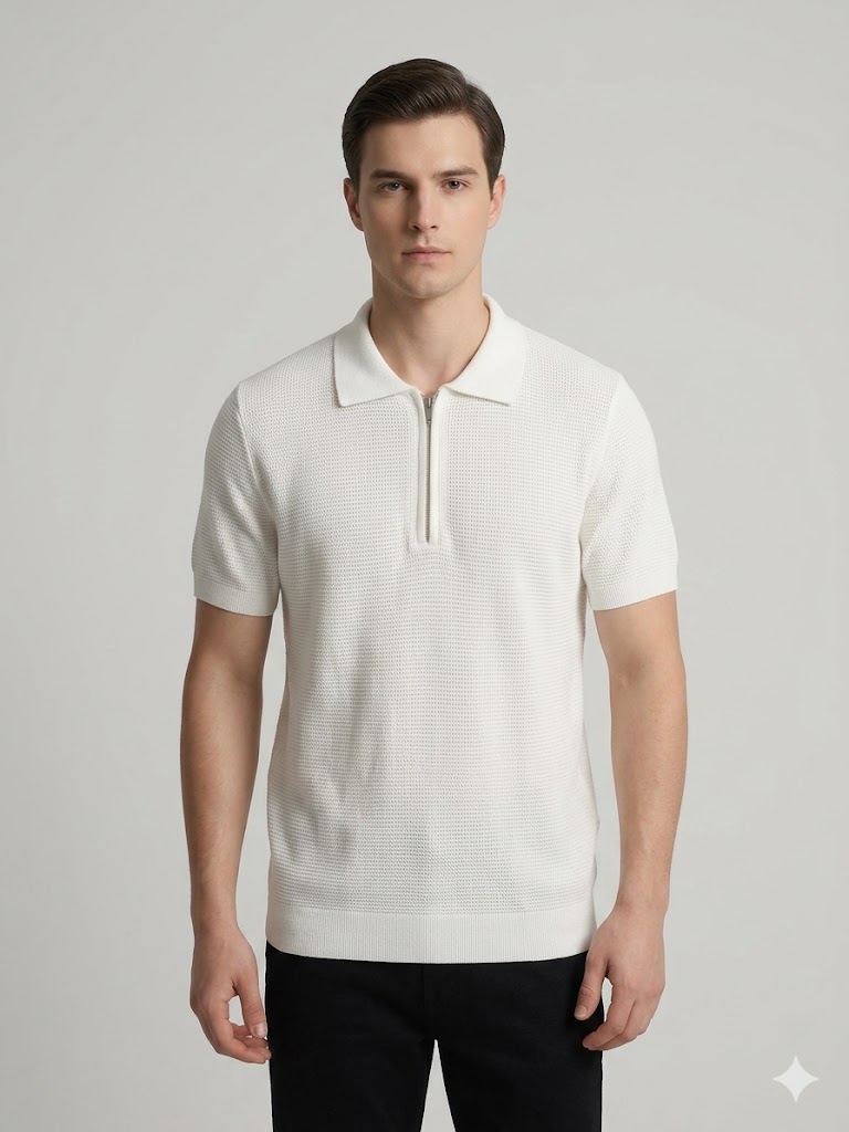 VAGANZA Fermuarlı Polo Yaka Dokulu Kısa Kollu Triko T-Shirt 4083 - EKRU