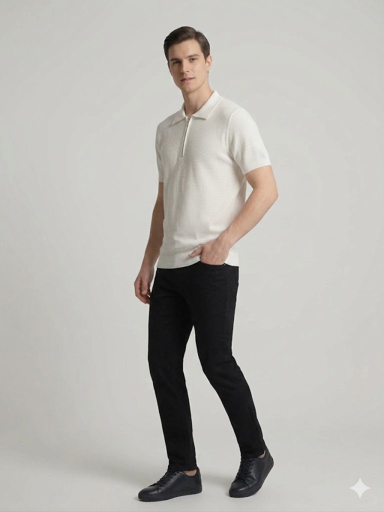 VAGANZA Fermuarlı Polo Yaka Dokulu Kısa Kollu Triko T-Shirt 4083 - EKRU