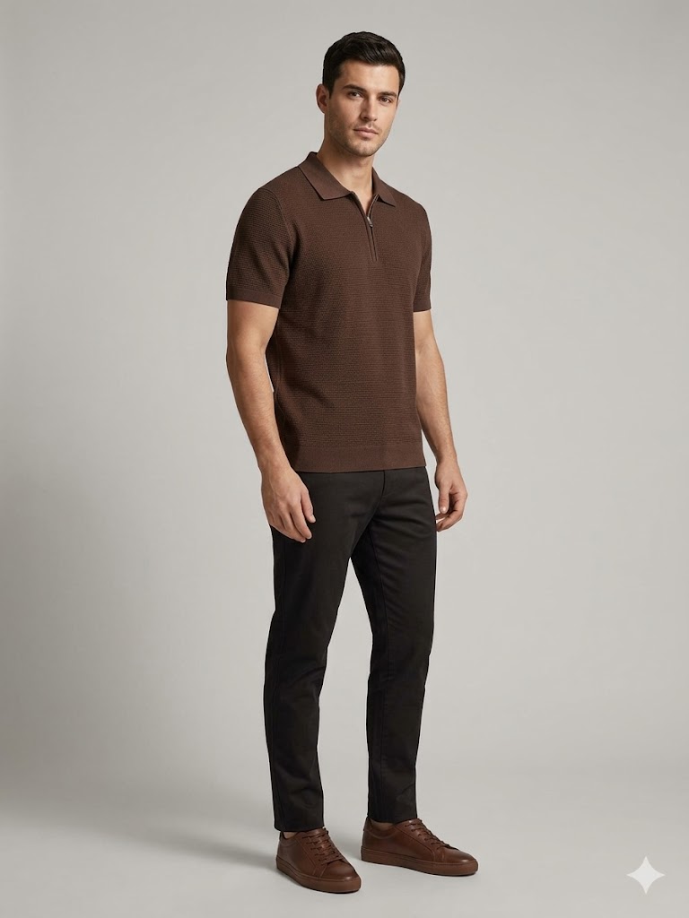 VAGANZA Fermuarlı Polo Yaka Dokulu Kısa Kollu Triko T-Shirt 4083 - kahve