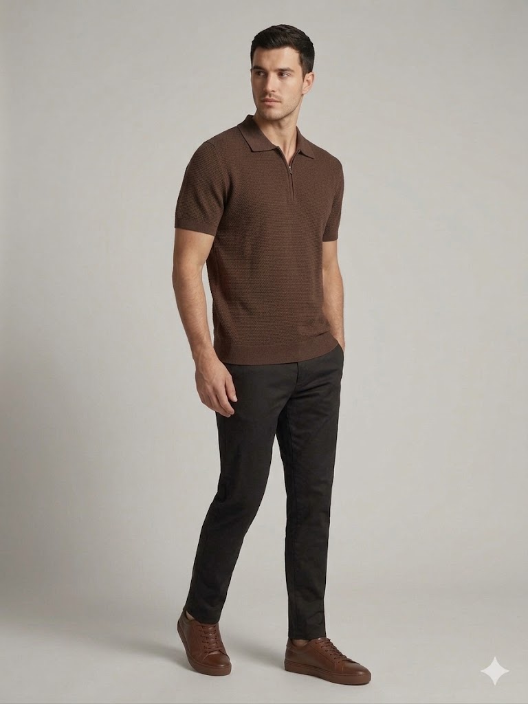 VAGANZA Fermuarlı Polo Yaka Dokulu Kısa Kollu Triko T-Shirt 4083 - kahve