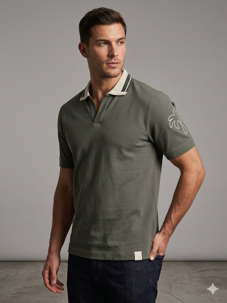 XINT Nakışlı Palmiye Logolu Polo Yaka T-Shirt 502308 - HAKİ