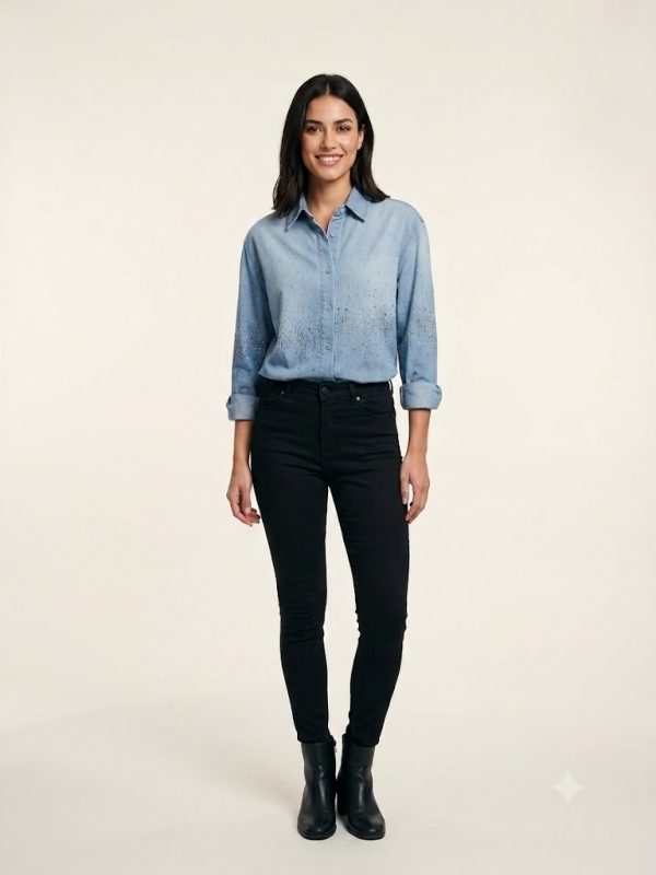 ASSO Taş İşlemeli Mavi Denim Gömlek 2582