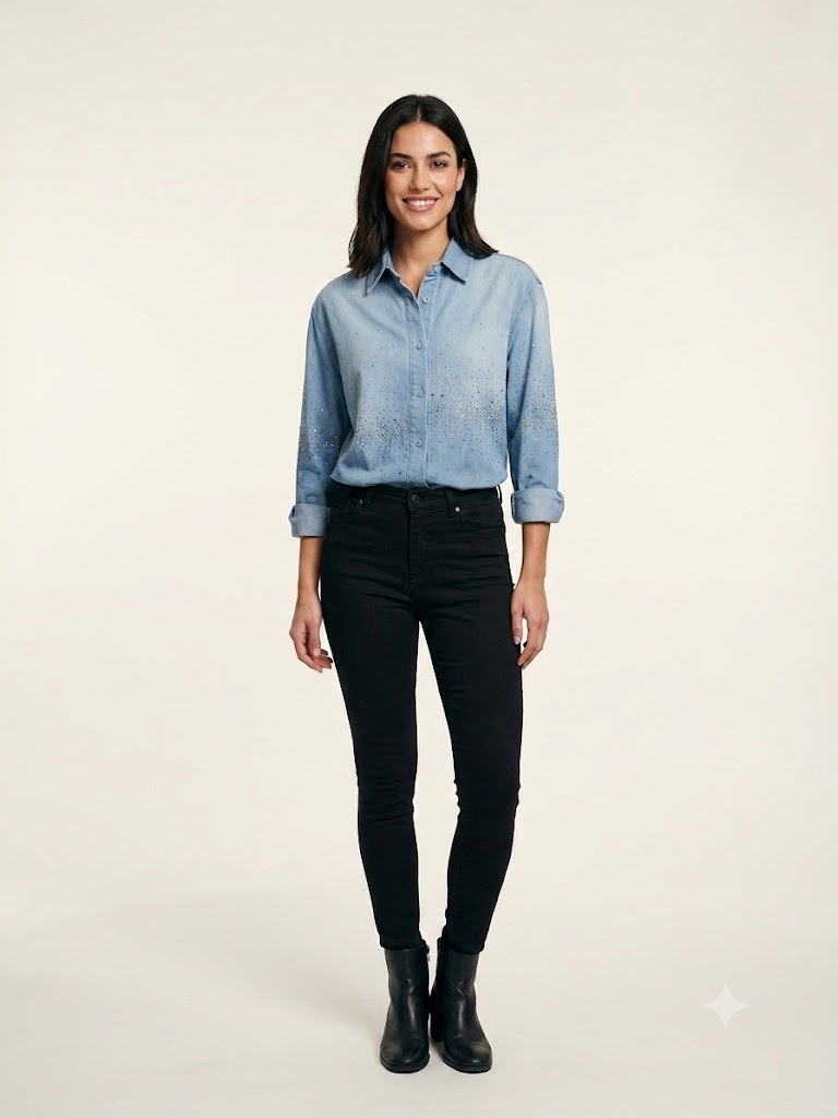 ASSO Taş İşlemeli Mavi Denim Gömlek 2582 - MAVİ