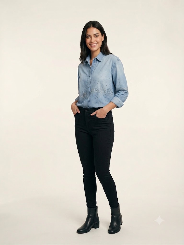ASSO Taş İşlemeli Mavi Denim Gömlek 2582 - MAVİ