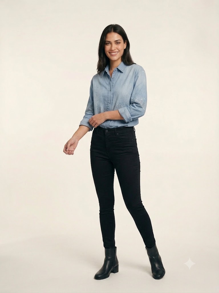 ASSO Taş İşlemeli Mavi Denim Gömlek 2582 - MAVİ