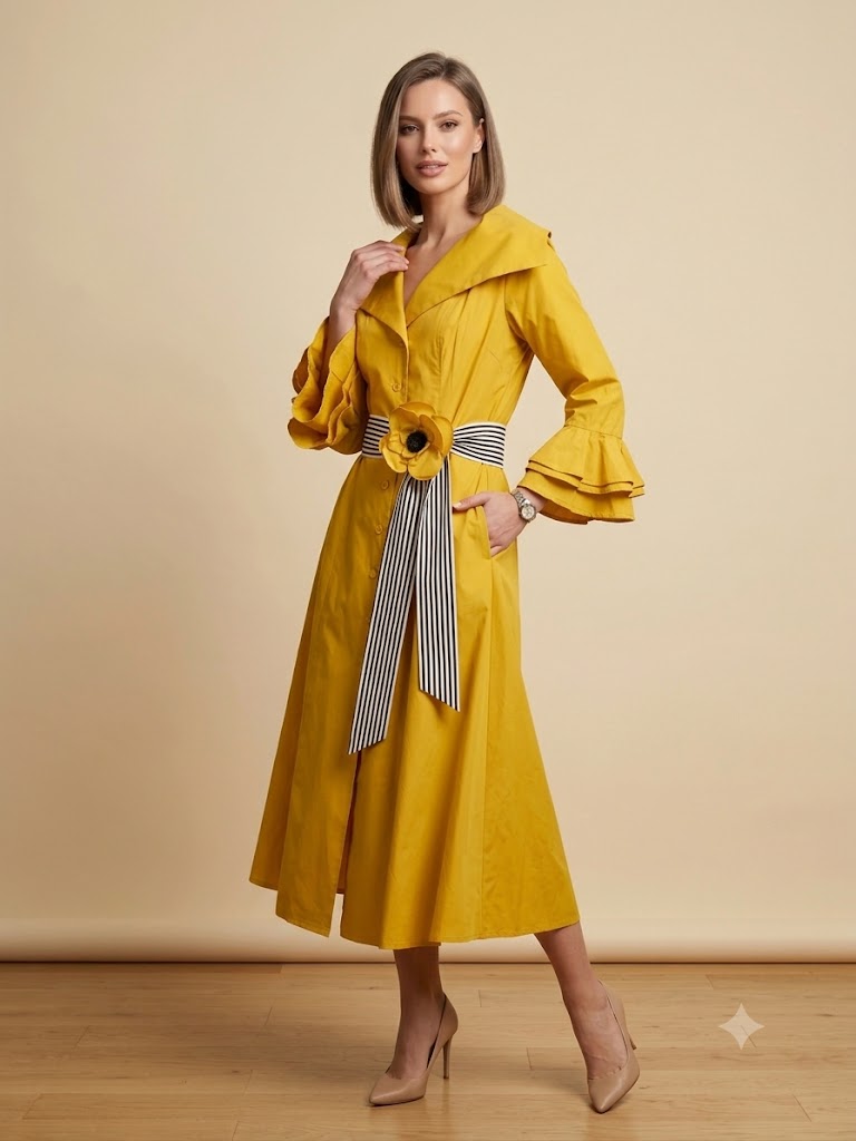 BIZE FASHION Volan Kollu Çiçek Broşlu Sarı Kruvaze Elbise  2161 - SARI