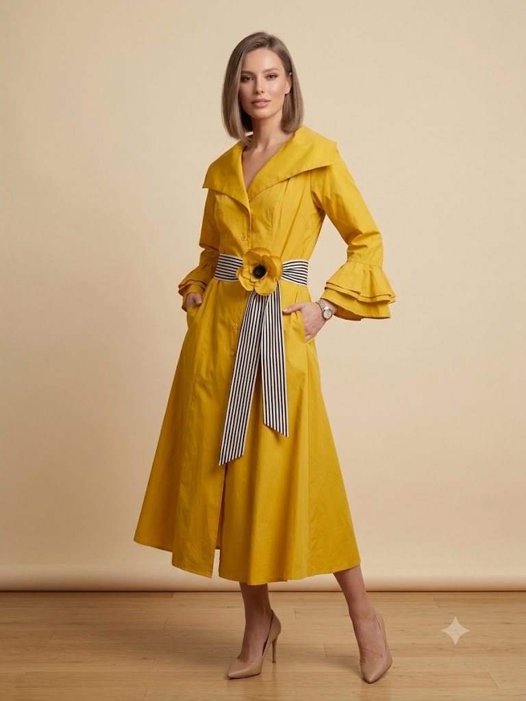 BIZE FASHION Volan Kollu Çiçek Broşlu Sarı Kruvaze Elbise  2161 - SARI