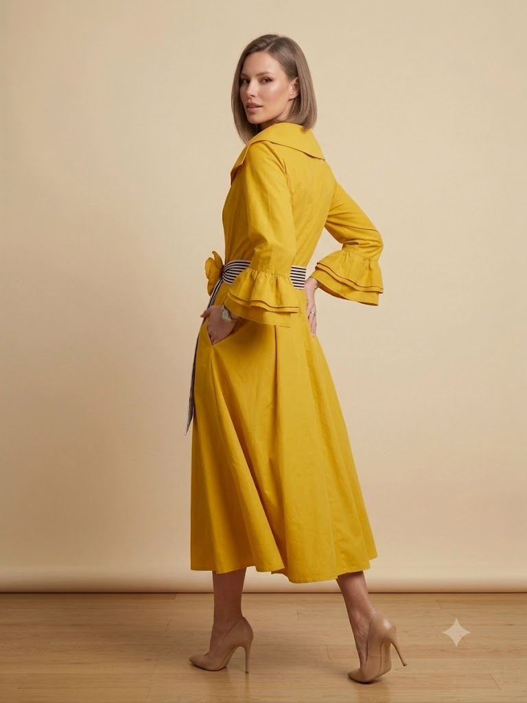 BIZE FASHION Volan Kollu Çiçek Broşlu Sarı Kruvaze Elbise  2161 - SARI