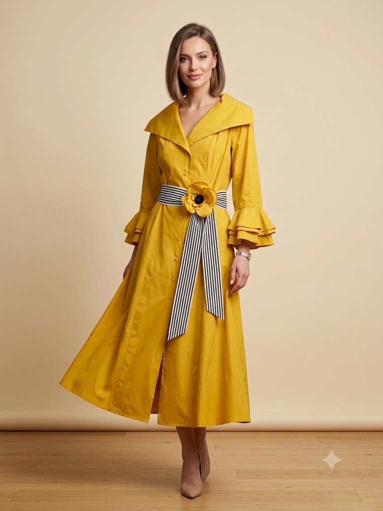 BIZE FASHION Volan Kollu Çiçek Broşlu Sarı Kruvaze Elbise  2161 - SARI