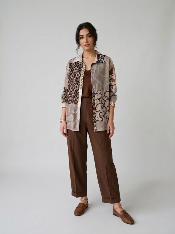 FABE GIO Vintage Patchwork Gömlek ve Kahverengi Duble Paça Pantolonlu  Takım 1303665-B