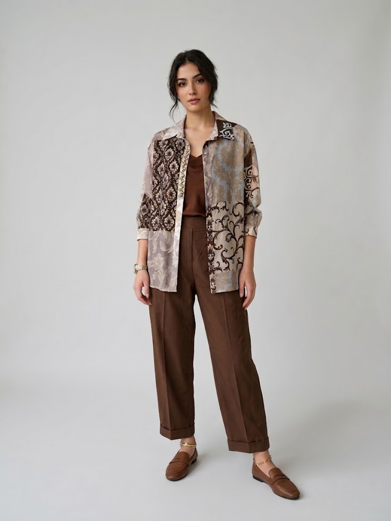 FABE GIO Vintage Patchwork Gömlek ve Kahverengi Duble Paça Pantolonlu  Takım 1303665-B - kahve