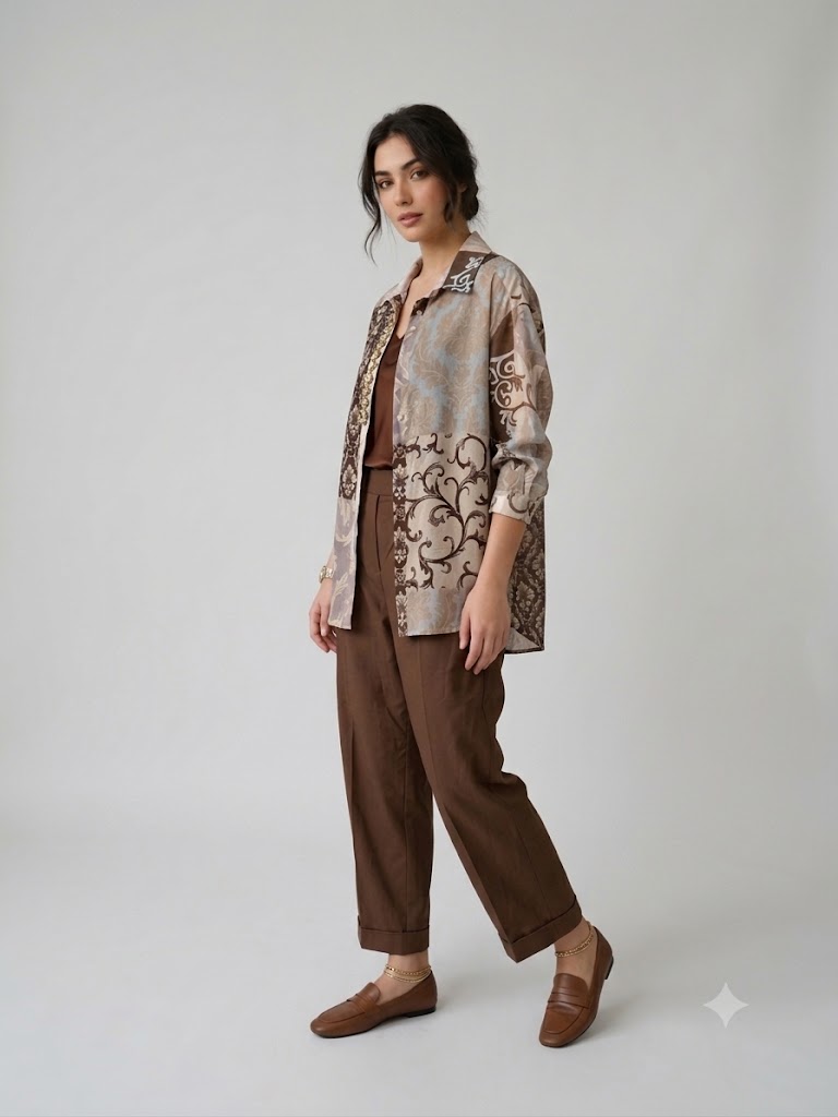 FABE GIO Vintage Patchwork Gömlek ve Kahverengi Duble Paça Pantolonlu  Takım 1303665-B - kahve