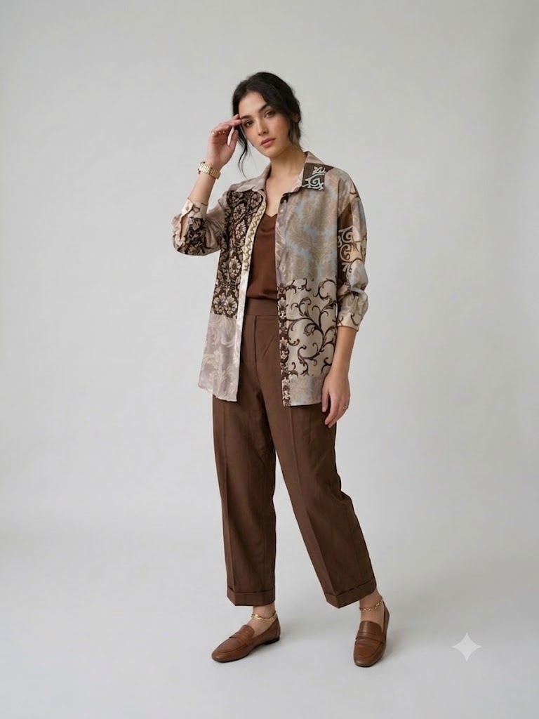 FABE GIO Vintage Patchwork Gömlek ve Kahverengi Duble Paça Pantolonlu  Takım 1303665-B - kahve
