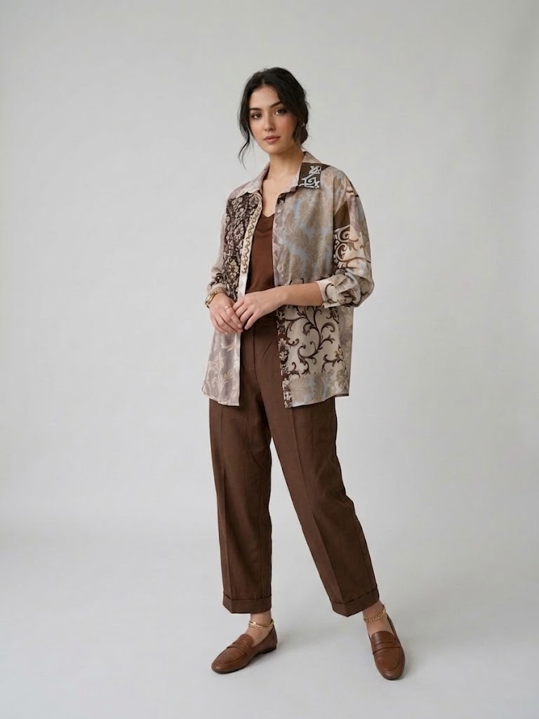 FABE GIO Vintage Patchwork Gömlek ve Kahverengi Duble Paça Pantolonlu  Takım 1303665-B - kahve