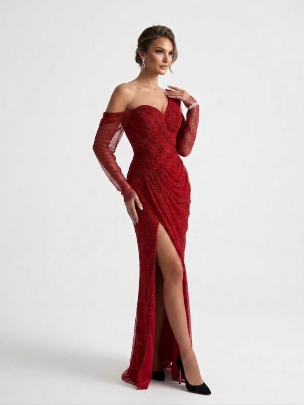 FOR COSTUME Asimetrik Yırtmaçlı Işıltılı Abiye Elbise10384