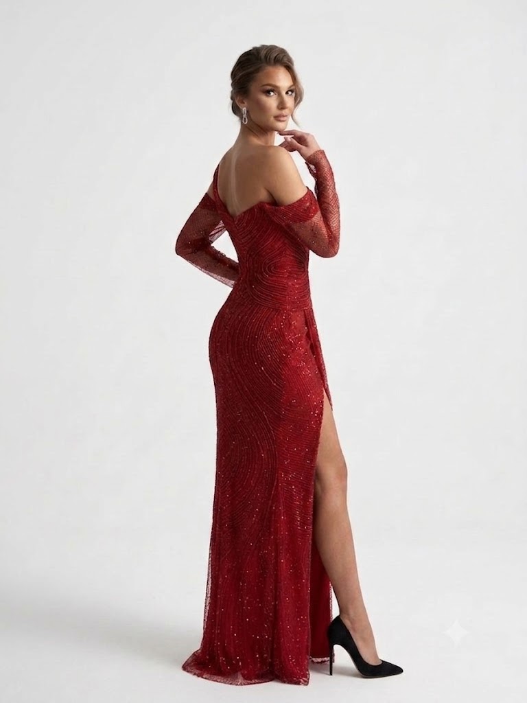 FOR COSTUME Asimetrik Yırtmaçlı Işıltılı Abiye Elbise10384 - KIRMIZI