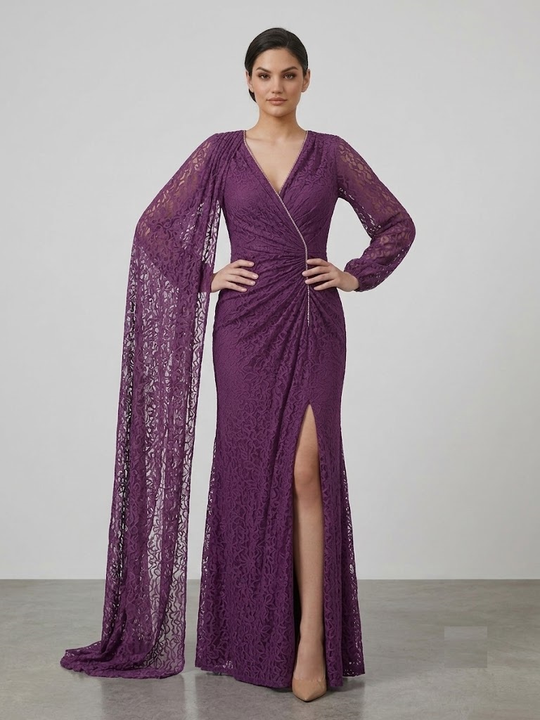 FOR COSTUME Asimetrik Pelerinli Mor Dantel Abiye Elbise 10482 - Mor