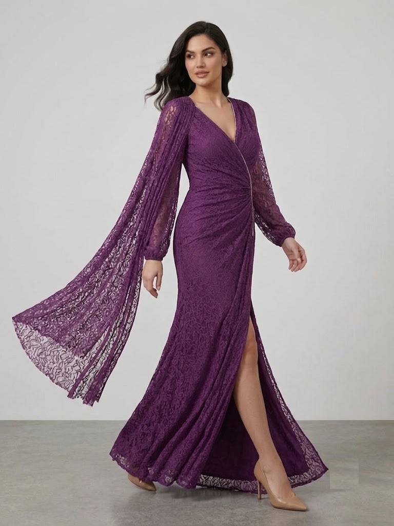 FOR COSTUME Asimetrik Pelerinli Mor Dantel Abiye Elbise 10482 - Mor