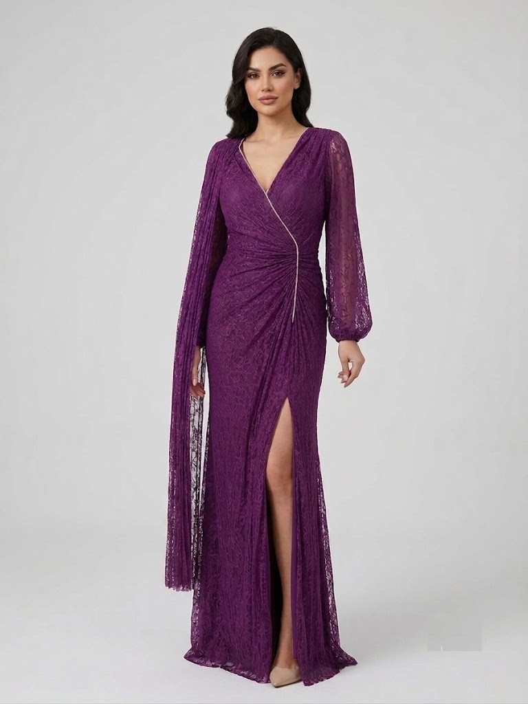 FOR COSTUME Asimetrik Pelerinli Mor Dantel Abiye Elbise 10482 - Mor