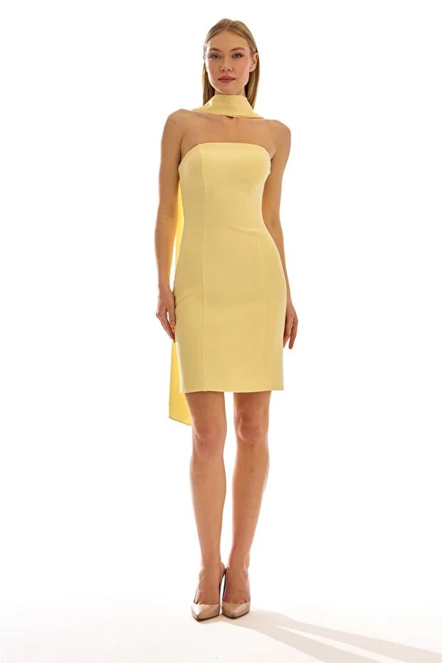 HOT CONTACT Şal Detaylı Straplez Mini Abiye Elbise 8448 - SARI