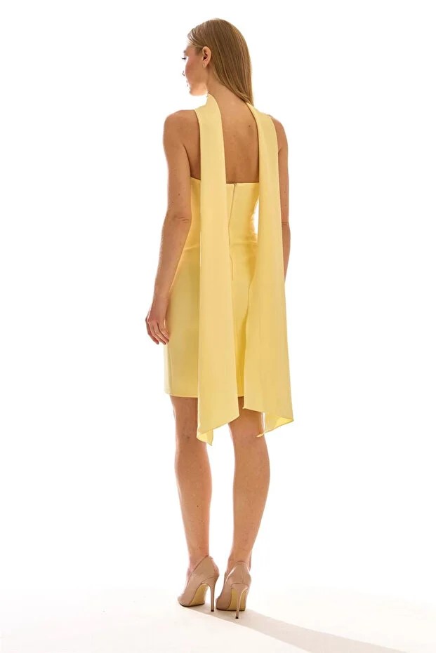HOT CONTACT Şal Detaylı Straplez Mini Abiye Elbise 8448 - SARI