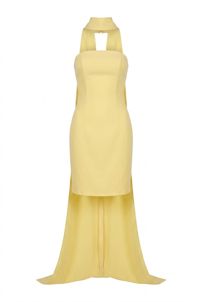 HOT CONTACT Şal Detaylı Straplez Mini Abiye Elbise 8448 - SARI