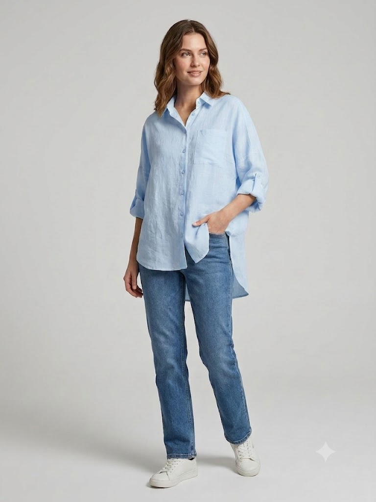 İNTERSAN ARAS Oversize Keten Gömlek 13977 - MAVİ