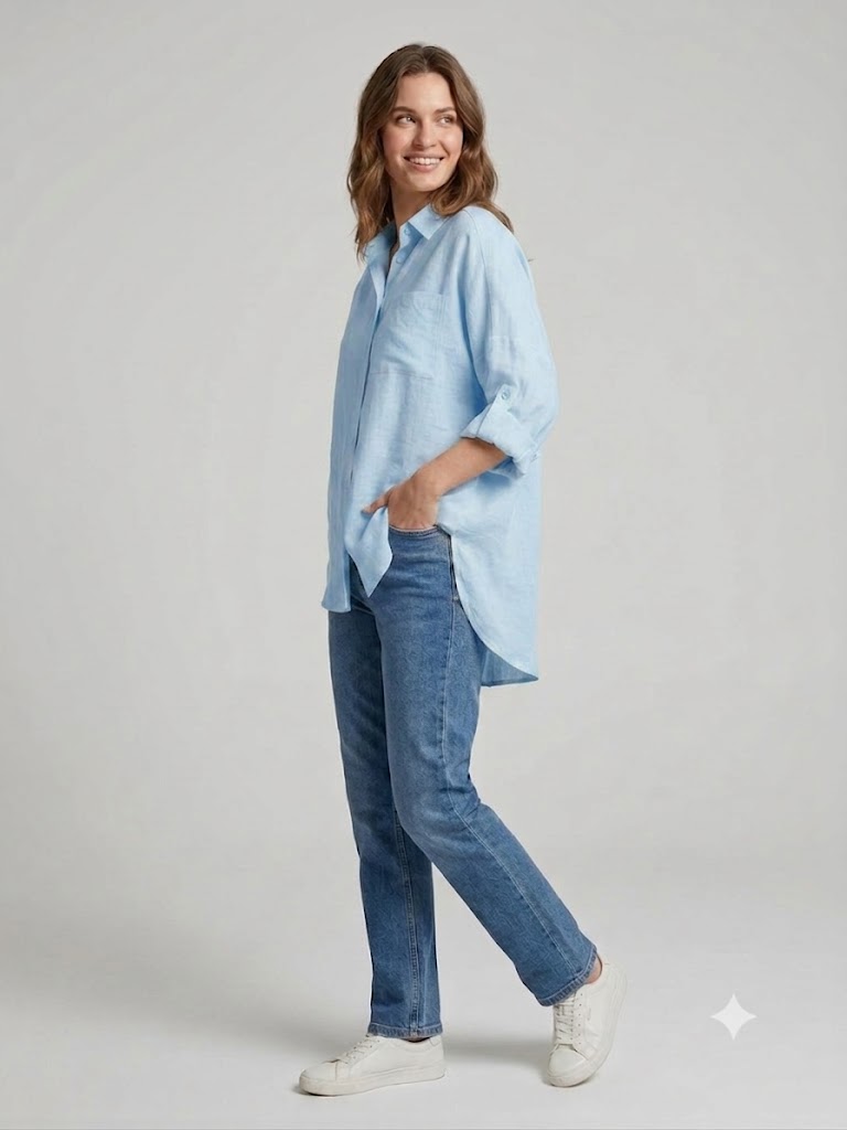 İNTERSAN ARAS Oversize Keten Gömlek 13977 - MAVİ