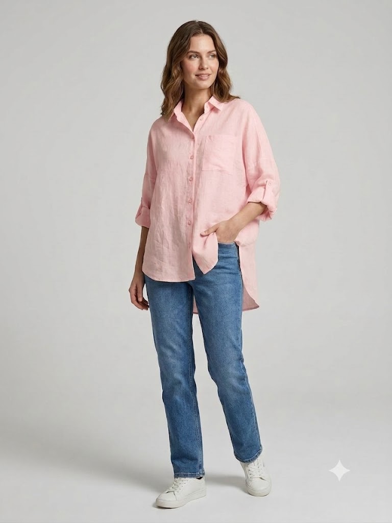 İNTERSAN ARAS Oversize Keten Gömlek 13977 - pembe