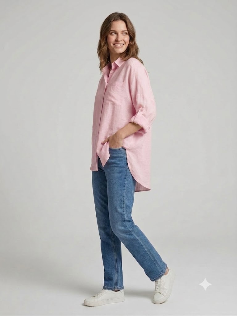 İNTERSAN ARAS Oversize Keten Gömlek 13977 - pembe