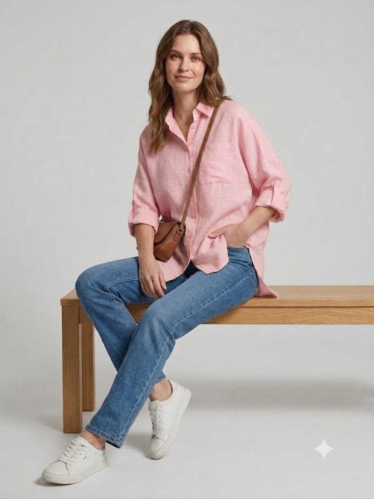 İNTERSAN ARAS Oversize Keten Gömlek 13977 - pembe