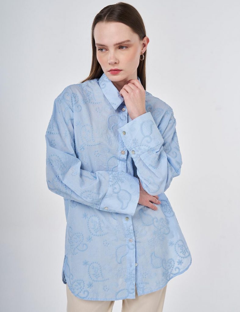 KAYRA Pamuklu Floral İşlemeli Tunik 21120 - MAVİ