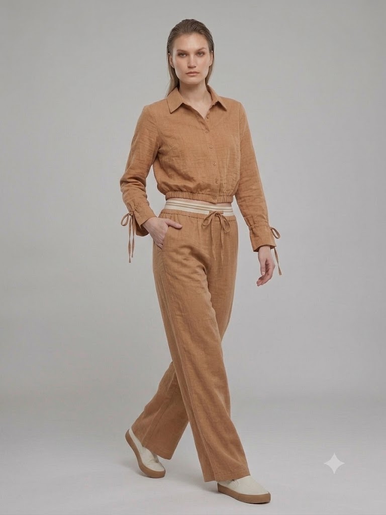 MODAİLGİ Beli Çizgili Lastikli Rahat Kesim Keten Bluz 10037 - TARÇIN