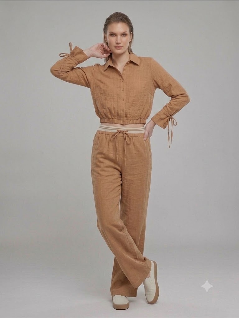 MODAİLGİ Beli Çizgili Lastikli Rahat Kesim Keten Bluz 10037 - TARÇIN