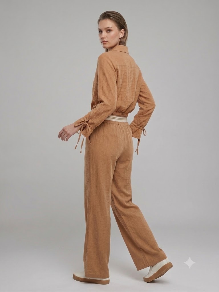 MODAİLGİ Beli Çizgili Lastikli Rahat Kesim Keten Bluz 10037 - TARÇIN