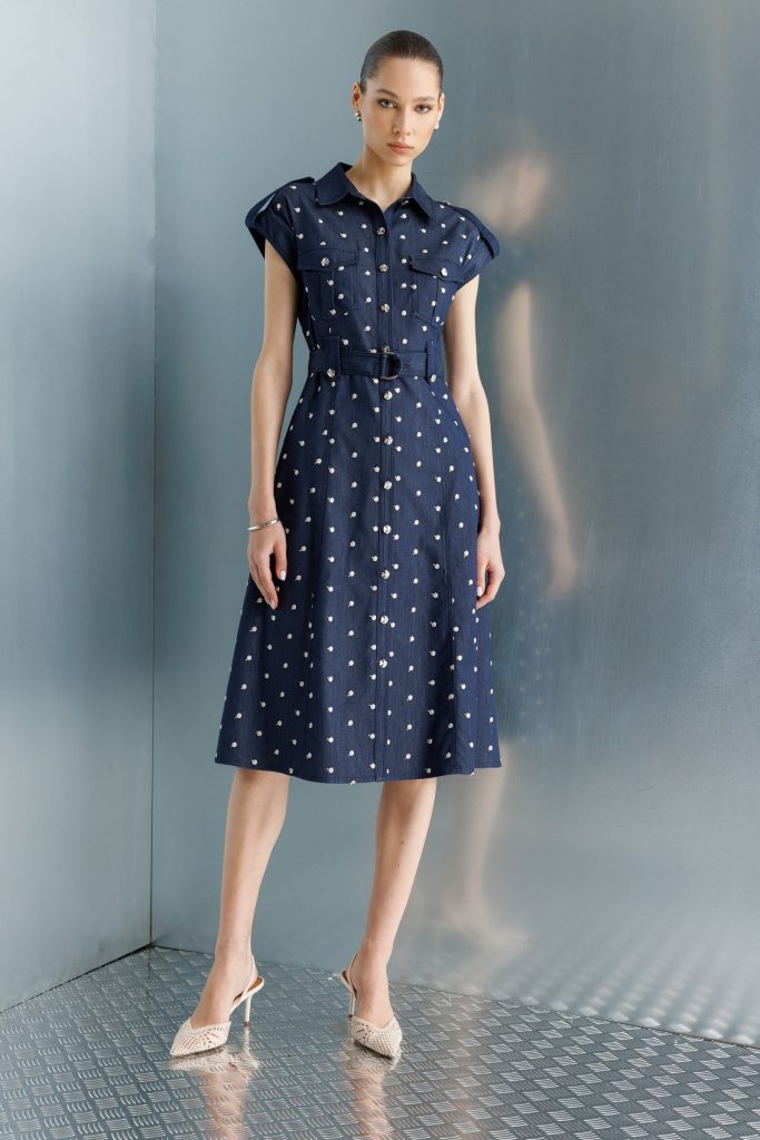 MODAİLGİ Nakış Puan Desenli Denim Midi Boy Elbise  60111 - Lacivert