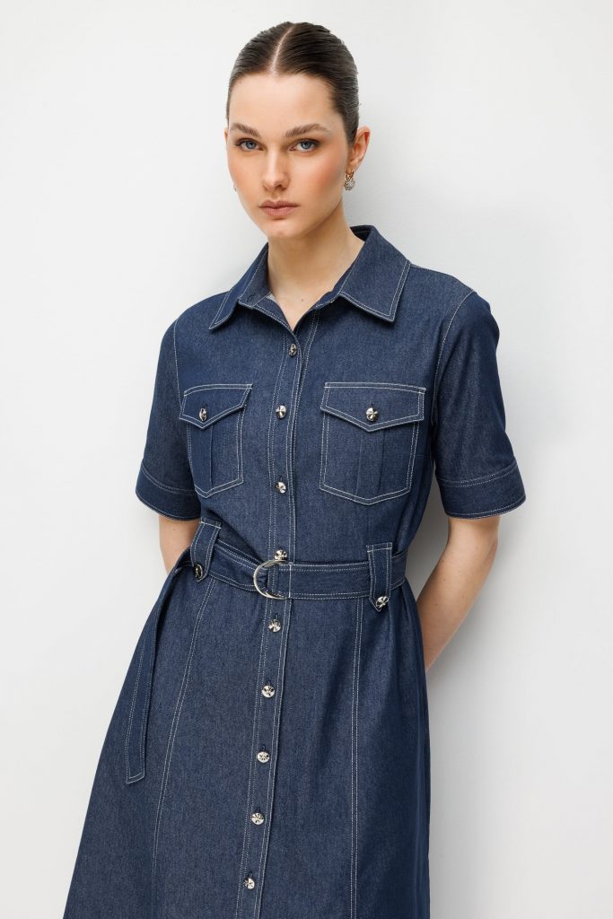 MODAİLGİ Beli Kemer Kuşaklı Kısa Kol Cep Detaylı Midi Boy Denim Elbise Lacivert 60132 - Lacivert