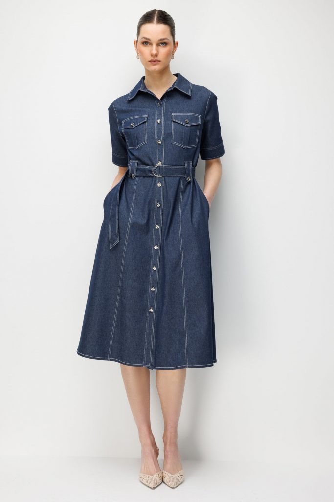 MODAİLGİ Beli Kemer Kuşaklı Kısa Kol Cep Detaylı Midi Boy Denim Elbise Lacivert 60132 - Lacivert