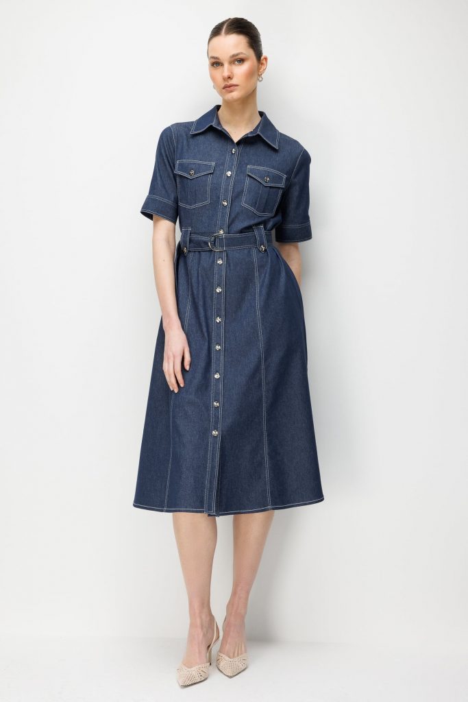 MODAİLGİ Beli Kemer Kuşaklı Kısa Kol Cep Detaylı Midi Boy Denim Elbise Lacivert 60132 - Lacivert