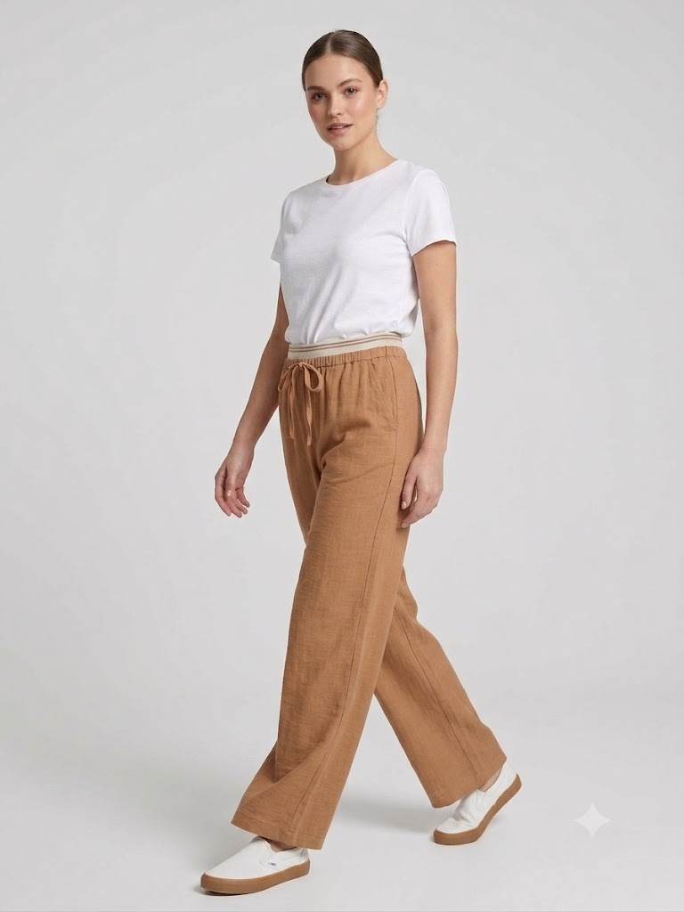 MODAİLGİ Beli Çizgili Lastikli Geniş Paça Keten Pantolon 40050